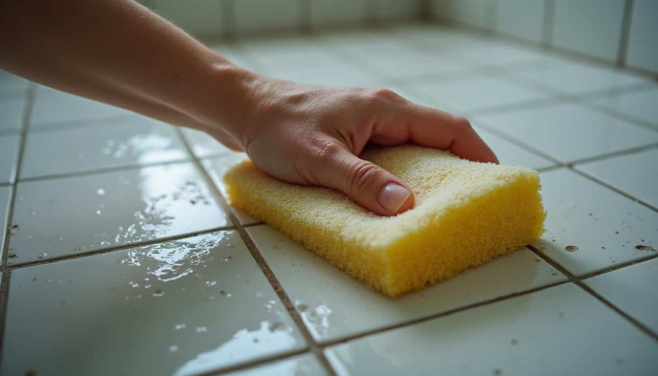 Utilisation de l’éponge pour nettoyer les joints de la salle de bains